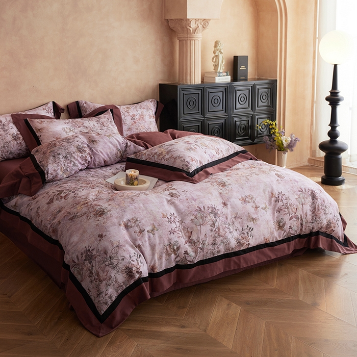 91家纺网 家纺一手货源 找家纺 简纯主义 2025新款全棉纯棉磨毛数码印花四件套-虞梦轻纱 虞梦轻纱-红