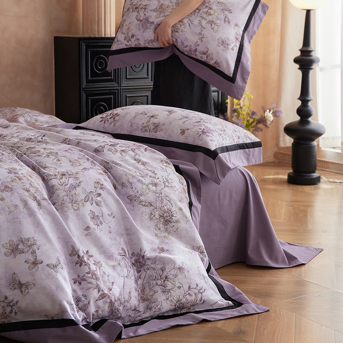 91家纺网 家纺一手货源 找家纺 简纯主义 2025新款全棉纯棉磨毛数码印花四件套-虞梦轻纱 虞梦轻纱-紫