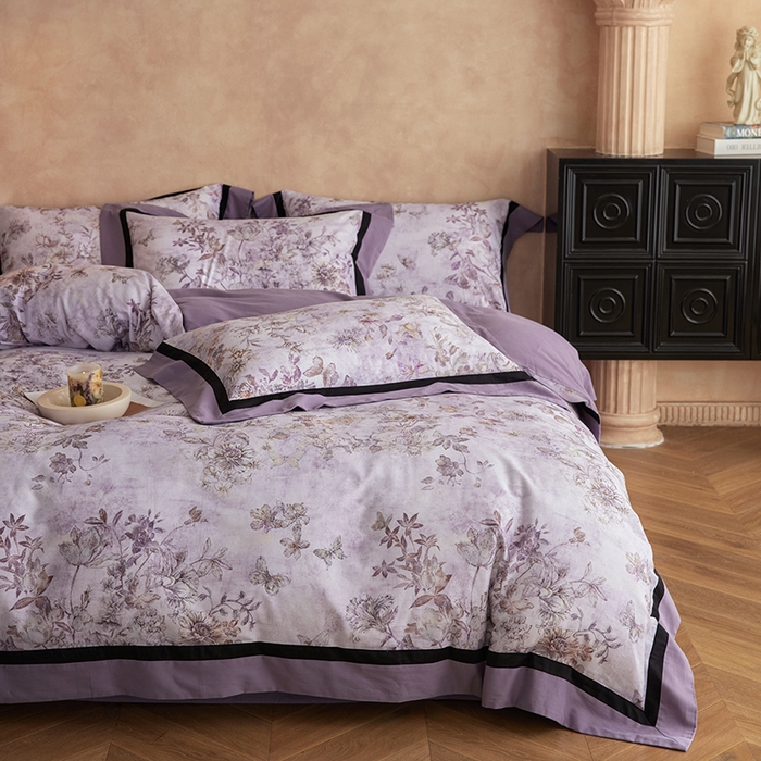 91家纺网 家纺一手货源 找家纺 简纯主义 2025新款全棉纯棉磨毛数码印花四件套-虞梦轻纱 虞梦轻纱-紫