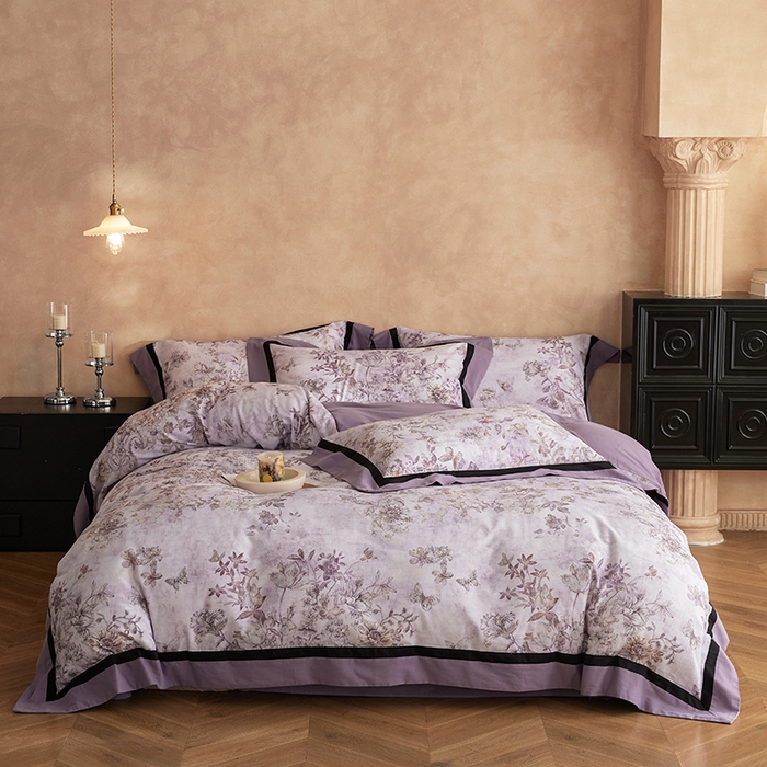 91家纺网 家纺一手货源 找家纺 简纯主义 2025新款全棉纯棉磨毛数码印花四件套-虞梦轻纱 虞梦轻纱-紫