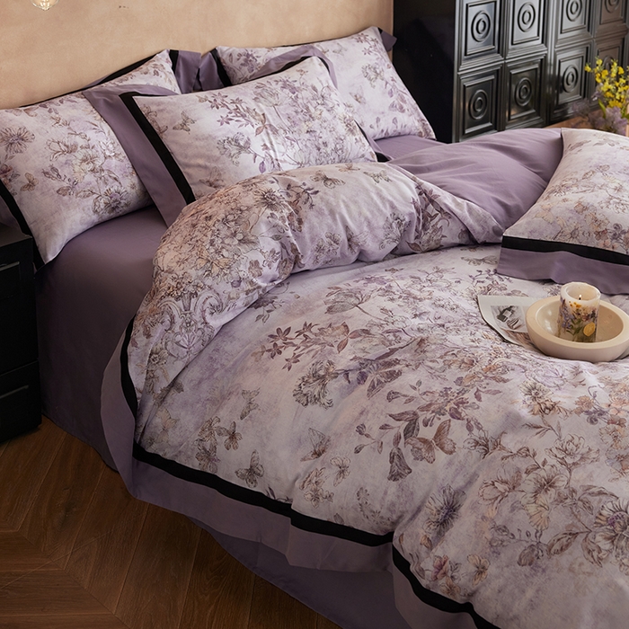 91家纺网 家纺一手货源 找家纺 简纯主义 2025新款全棉纯棉磨毛数码印花四件套-虞梦轻纱 虞梦轻纱-紫