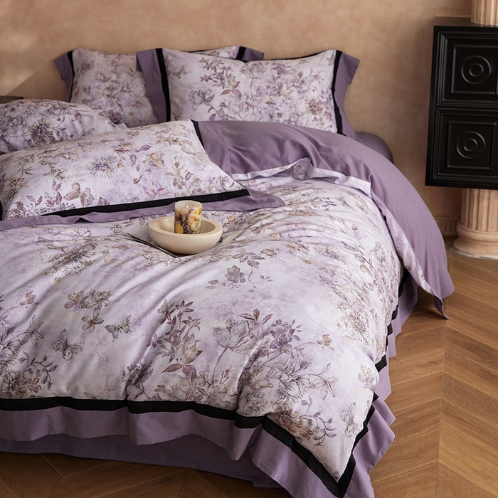 91家纺网 家纺一手货源 找家纺 简纯主义 2025新款全棉纯棉磨毛数码印花四件套-虞梦轻纱 虞梦轻纱-紫