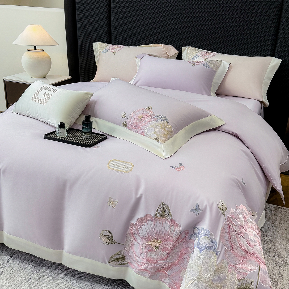 91家纺网 家纺一手货源 找家纺 优悦生活馆 2025新款全棉长绒棉刺绣四件套-花迹风格二 花迹-霞光紫