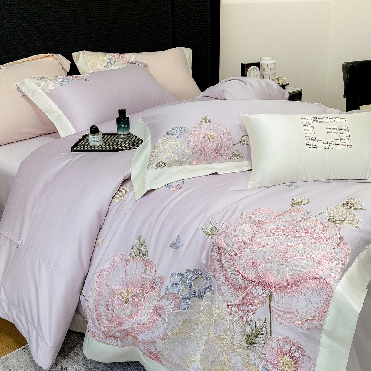 91家纺网 家纺一手货源 找家纺 优悦生活馆 2025新款全棉长绒棉刺绣四件套-花迹风格二 花迹-霞光紫