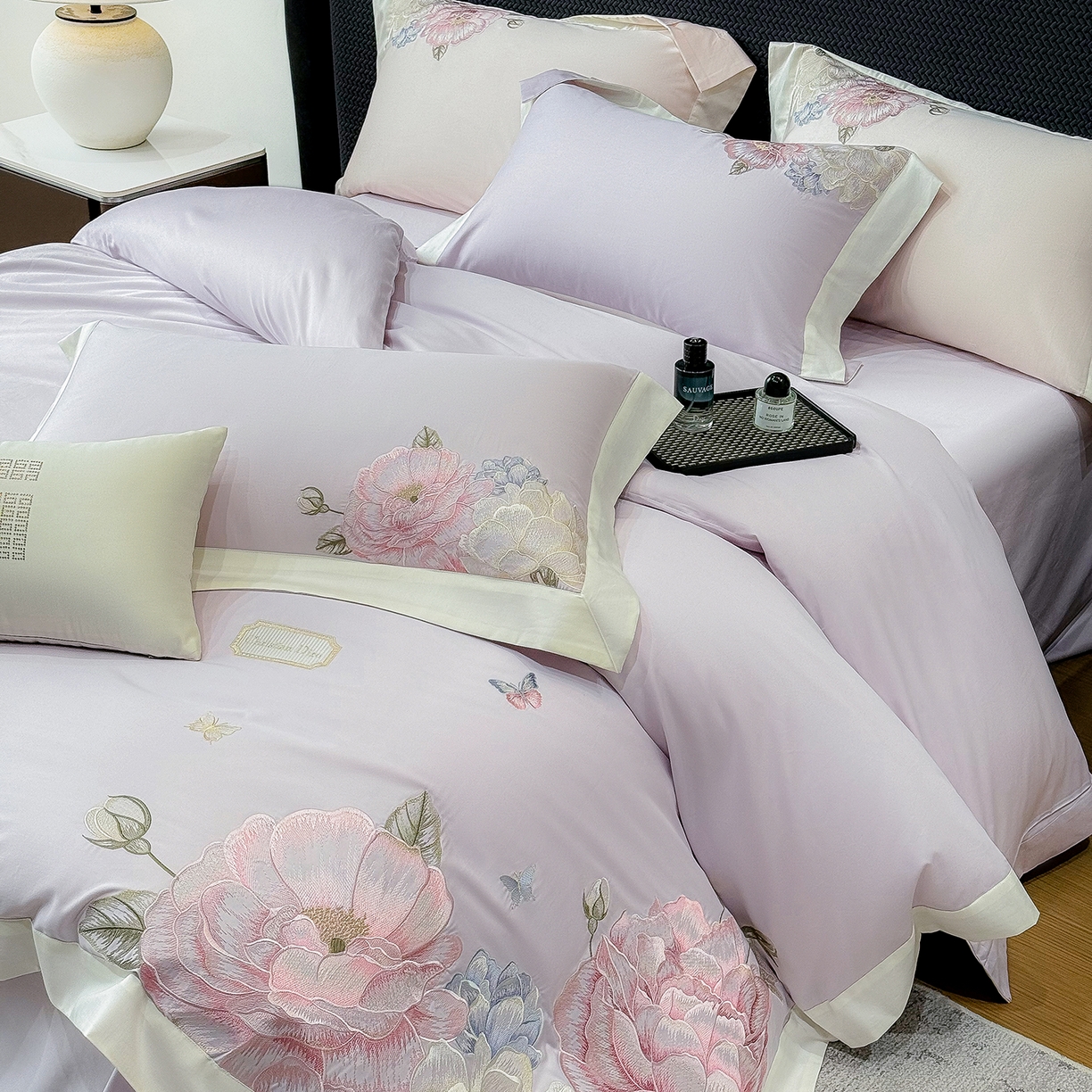 91家纺网 家纺一手货源 找家纺 优悦生活馆 2025新款全棉长绒棉刺绣四件套-花迹风格二 花迹-霞光紫