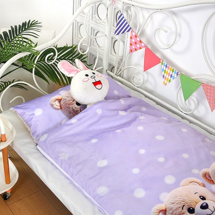 91家纺网 家纺一手货源 找家纺 沁童儿童用品店 2025新款儿童3D立体印花A版宝宝绒+B版豆豆绒儿童睡袋 可爱小熊