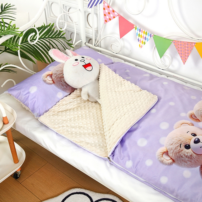 91家纺网 家纺一手货源 找家纺 沁童儿童用品店 2025新款儿童3D立体印花A版宝宝绒+B版豆豆绒儿童睡袋 可爱小熊