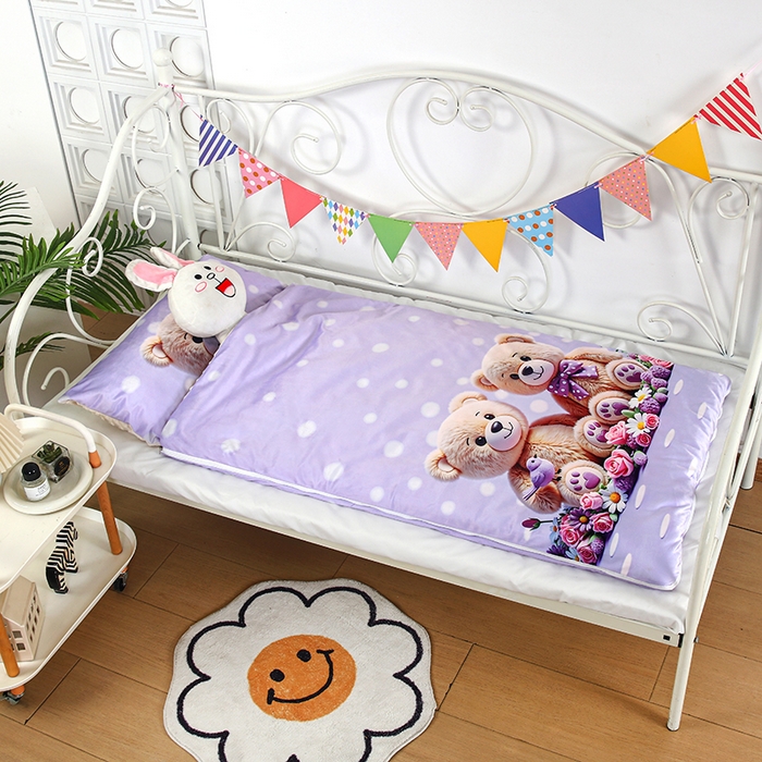 91家纺网 家纺一手货源 找家纺 沁童儿童用品店 2025新款儿童3D立体印花A版宝宝绒+B版豆豆绒儿童睡袋 可爱小熊