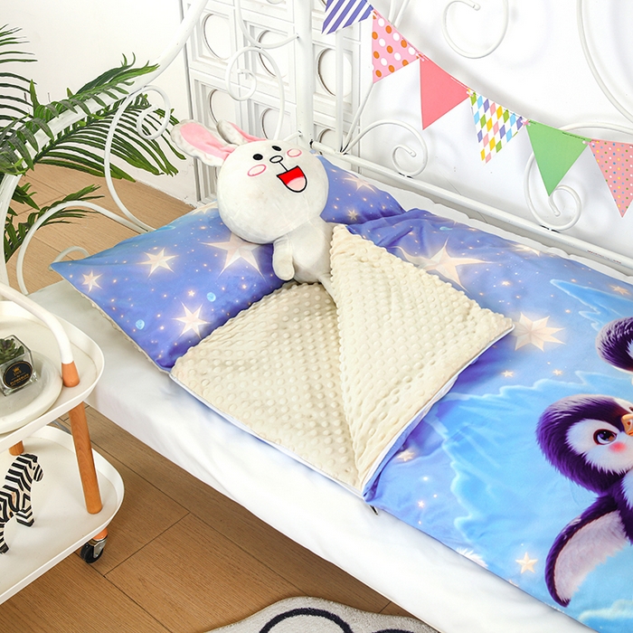 91家纺网 家纺一手货源 找家纺 沁童儿童用品店 2025新款儿童3D立体印花A版宝宝绒+B版豆豆绒儿童睡袋 企鹅宝宝