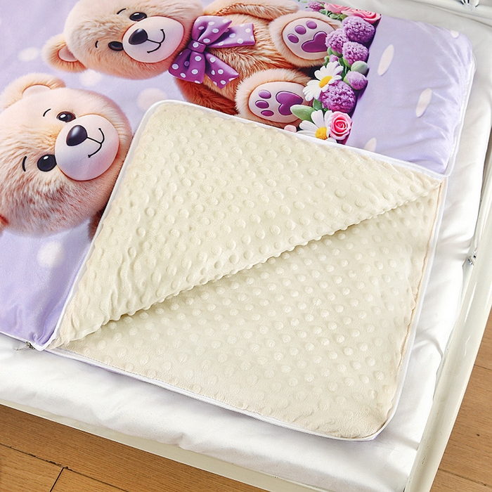 91家纺网 家纺一手货源 找家纺 沁童儿童用品店 2025新款儿童3D立体印花A版宝宝绒+B版豆豆绒儿童睡袋 可爱小熊