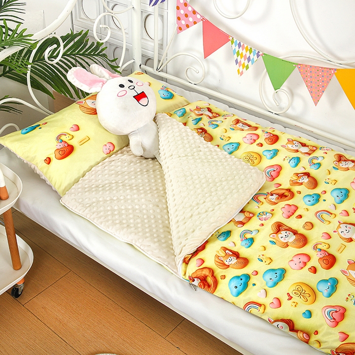 91家纺网 家纺一手货源 找家纺 沁童儿童用品店 2025新款儿童3D立体印花A版宝宝绒+B版豆豆绒儿童睡袋 可爱猫咪