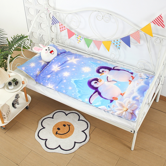 91家纺网 家纺一手货源 找家纺 沁童儿童用品店 2025新款儿童3D立体印花A版宝宝绒+B版豆豆绒儿童睡袋 企鹅宝宝