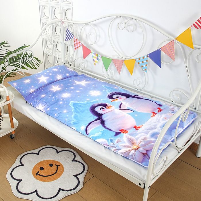 91家纺网 家纺一手货源 找家纺 沁童儿童用品店 2025新款儿童3D立体印花A版宝宝绒+B版豆豆绒儿童睡袋 企鹅宝宝