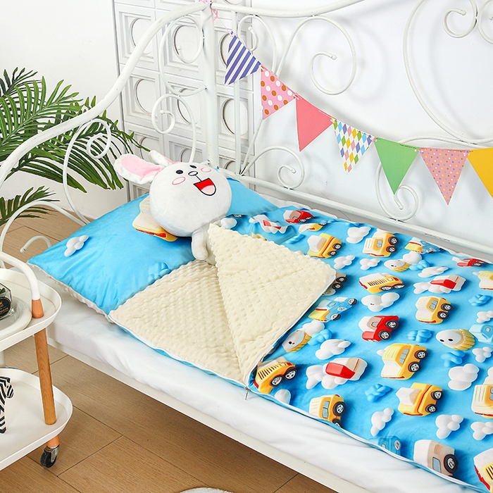 91家纺网 家纺一手货源 找家纺 沁童儿童用品店 2025新款儿童3D立体印花A版宝宝绒+B版豆豆绒儿童睡袋 云朵汽车