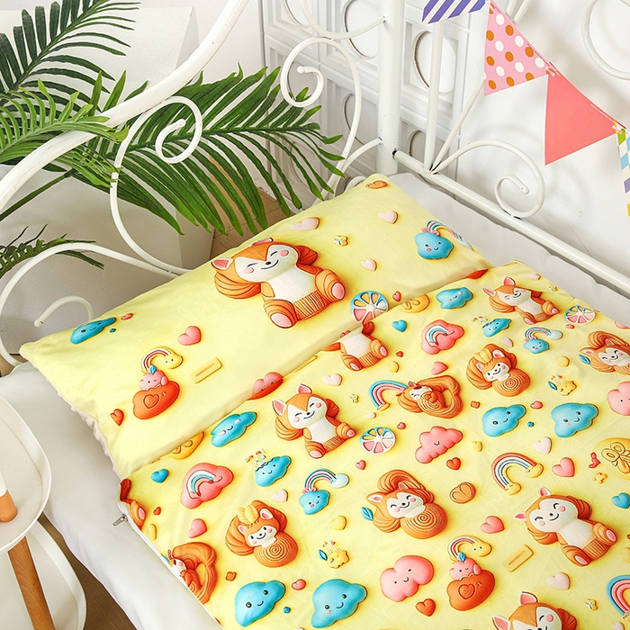 91家纺网 家纺一手货源 找家纺 沁童儿童用品店 2025新款儿童3D立体印花A版宝宝绒+B版豆豆绒儿童睡袋 可爱猫咪