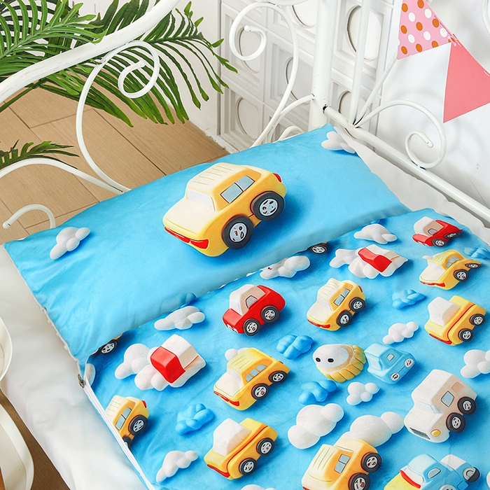 91家纺网 家纺一手货源 找家纺 沁童儿童用品店 2025新款儿童3D立体印花A版宝宝绒+B版豆豆绒儿童睡袋 云朵汽车