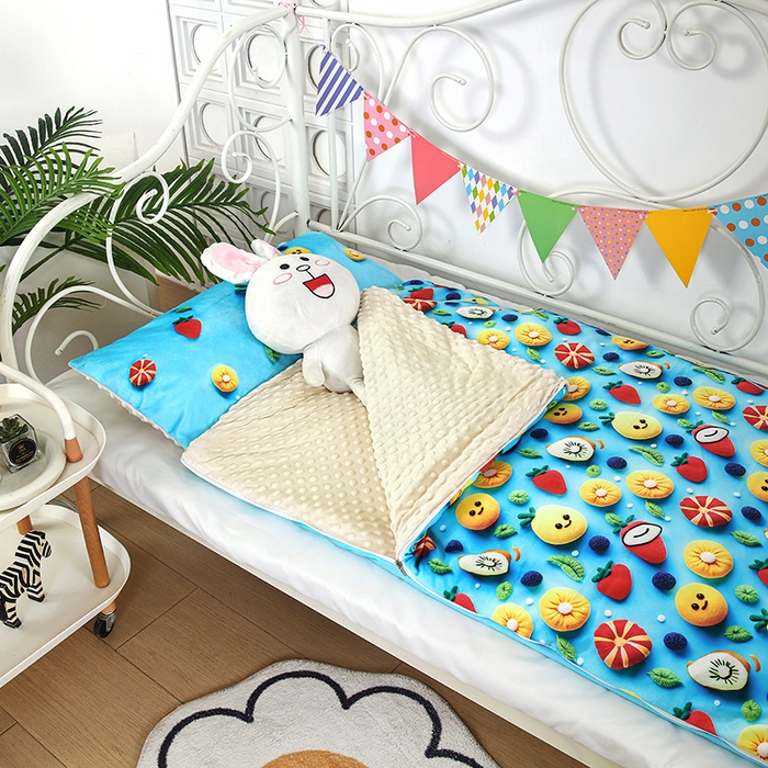 91家纺网 家纺一手货源 找家纺 沁童儿童用品店 2025新款儿童3D立体印花A版宝宝绒+B版豆豆绒儿童睡袋 水果娃娃