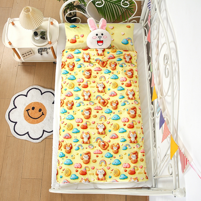 91家纺网 家纺一手货源 找家纺 沁童儿童用品店 2025新款儿童3D立体印花A版宝宝绒+B版豆豆绒儿童睡袋 可爱猫咪