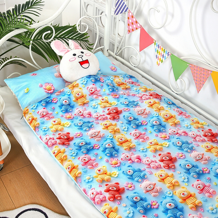 91家纺网 家纺一手货源 找家纺 沁童儿童用品店 2025新款儿童3D立体印花A版宝宝绒+B版豆豆绒儿童睡袋 彩色小熊