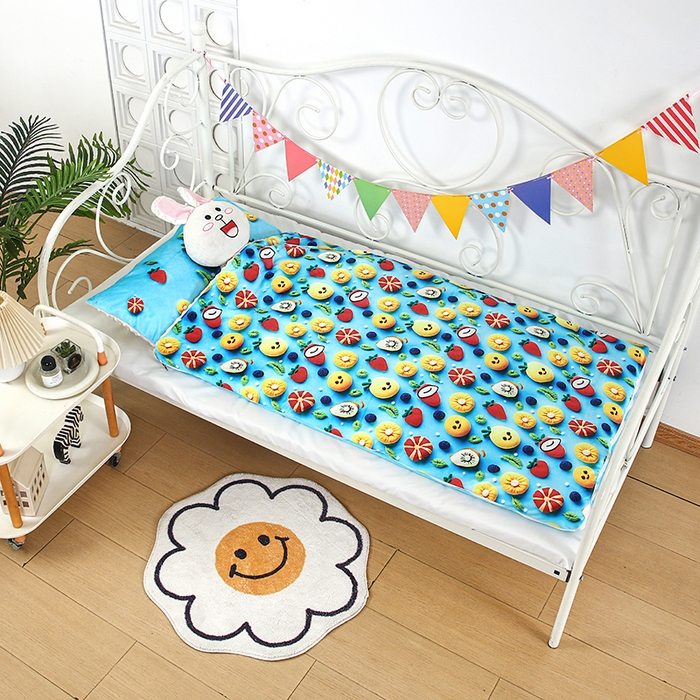 91家纺网 家纺一手货源 找家纺 沁童儿童用品店 2025新款儿童3D立体印花A版宝宝绒+B版豆豆绒儿童睡袋 水果娃娃