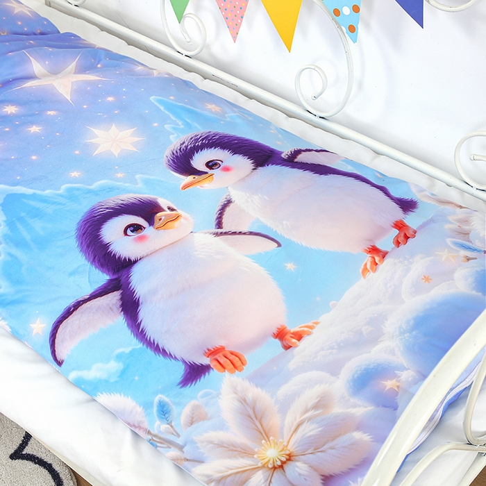 91家纺网 家纺一手货源 找家纺 沁童儿童用品店 2025新款儿童3D立体印花A版宝宝绒+B版豆豆绒儿童睡袋 企鹅宝宝