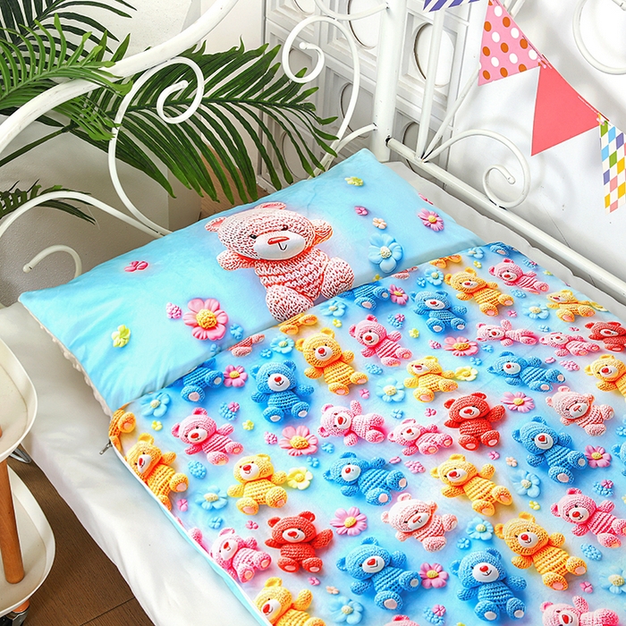 91家纺网 家纺一手货源 找家纺 沁童儿童用品店 2025新款儿童3D立体印花A版宝宝绒+B版豆豆绒儿童睡袋 彩色小熊