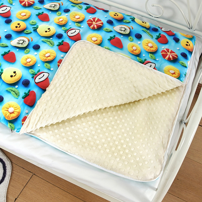 91家纺网 家纺一手货源 找家纺 沁童儿童用品店 2025新款儿童3D立体印花A版宝宝绒+B版豆豆绒儿童睡袋 水果娃娃