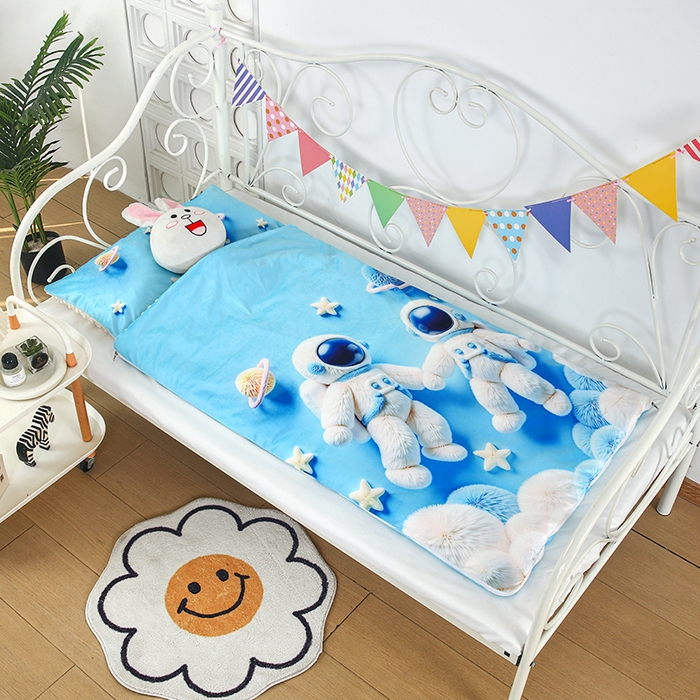 91家纺网 家纺一手货源 找家纺 沁童儿童用品店 2025新款儿童3D立体印花A版宝宝绒+B版豆豆绒儿童睡袋 太空宝宝