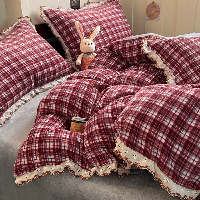 91家纺网 家纺一手货源 找家纺 （总）妖妖家纺 2025新款加厚全棉花边牛奶绒格子四件套