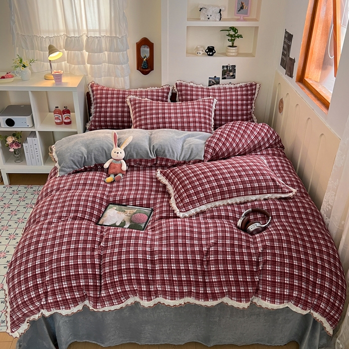 91家纺网 家纺一手货源 找家纺 （总）妖妖家纺 2025新款加厚全棉花边牛奶绒格子四件套