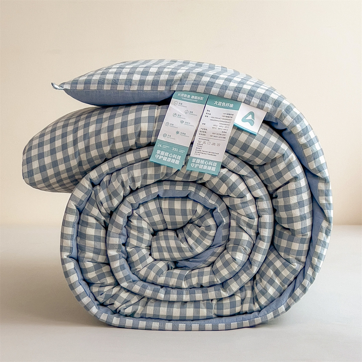 91家纺网 家纺一手货源 找家纺 梵克保罗 2025秋冬新款10A抗菌无印风冬被被子被芯 天蓝小格