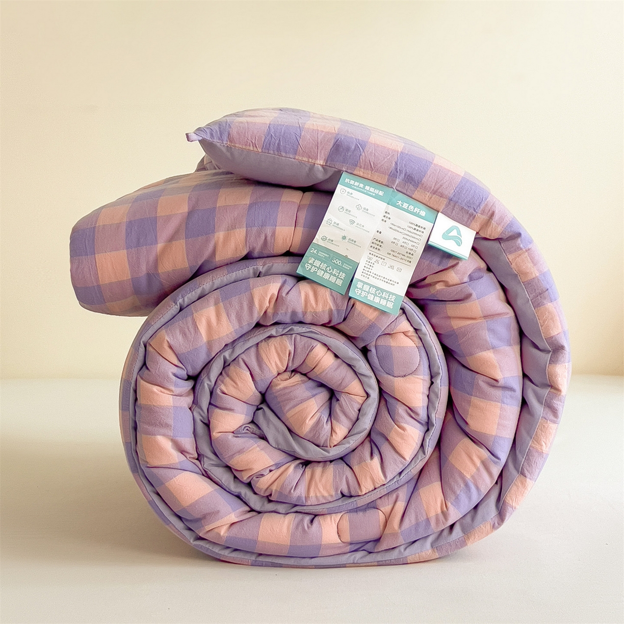 91家纺网 家纺一手货源 找家纺 梵克保罗 2025秋冬新款10A抗菌无印风冬被被子被芯 紫粉中格