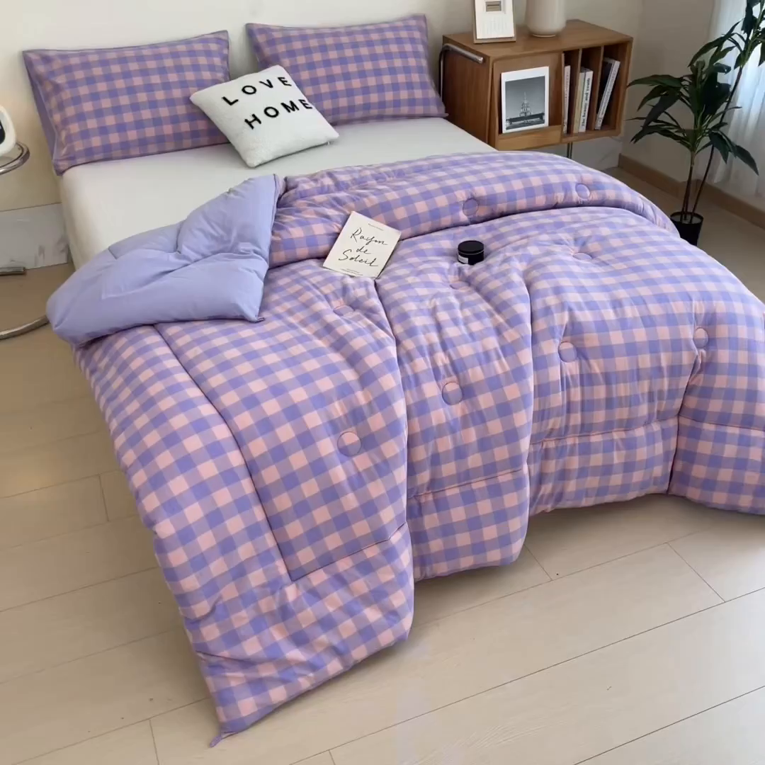 91家纺网 家纺一手货源 找家纺 梵克保罗 2025秋冬新款10A抗菌无印风冬被被子被芯 紫粉中格