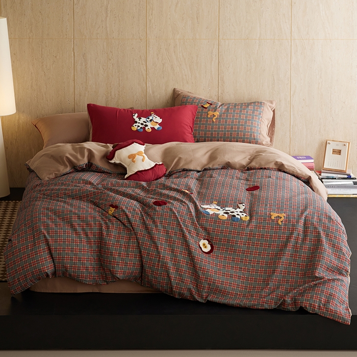 风向标家纺 2025新款全棉50s磨毛数码印花毛巾绣四件套-风格一 多巴胺小花狗