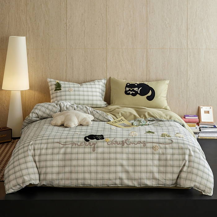 风向标家纺 2025新款全棉50s磨毛数码印花毛巾绣四件套-风格一 绿色圣诞猫