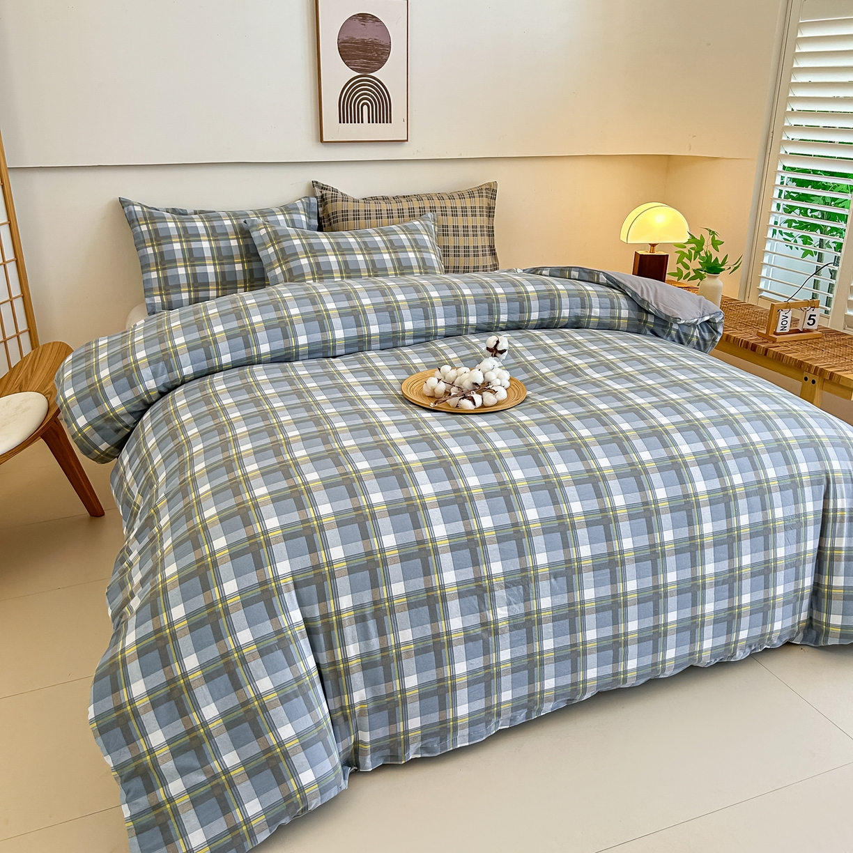 91家纺网 家纺一手货源 找家纺 好欣怡家纺 2026新款A类新疆棉花被可拆洗无印风格子水洗棉棉花被芯冬被学生四季被 博克-蓝灰