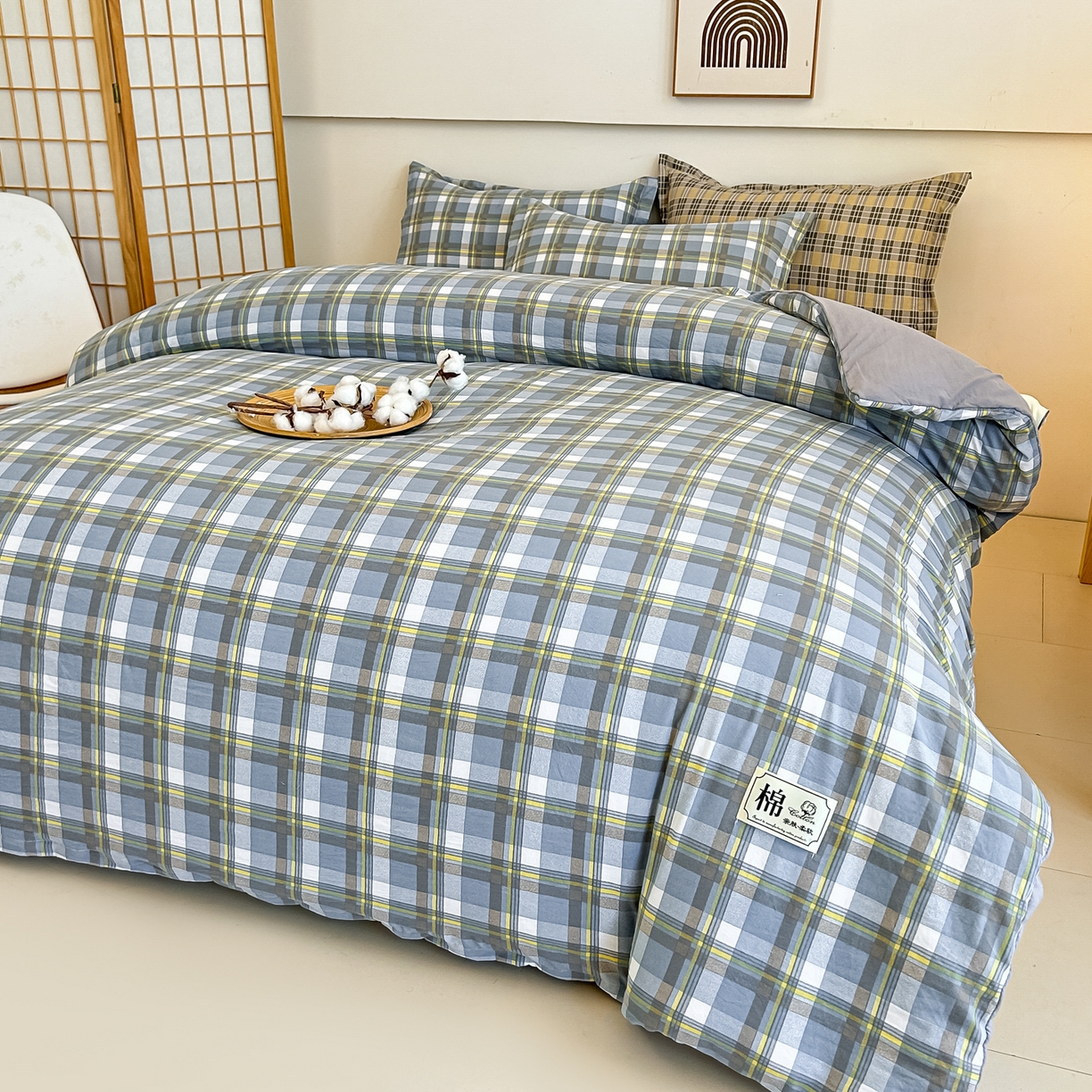 91家纺网 家纺一手货源 找家纺 好欣怡家纺 2026新款A类新疆棉花被可拆洗无印风格子水洗棉棉花被芯冬被学生四季被 博克-蓝灰