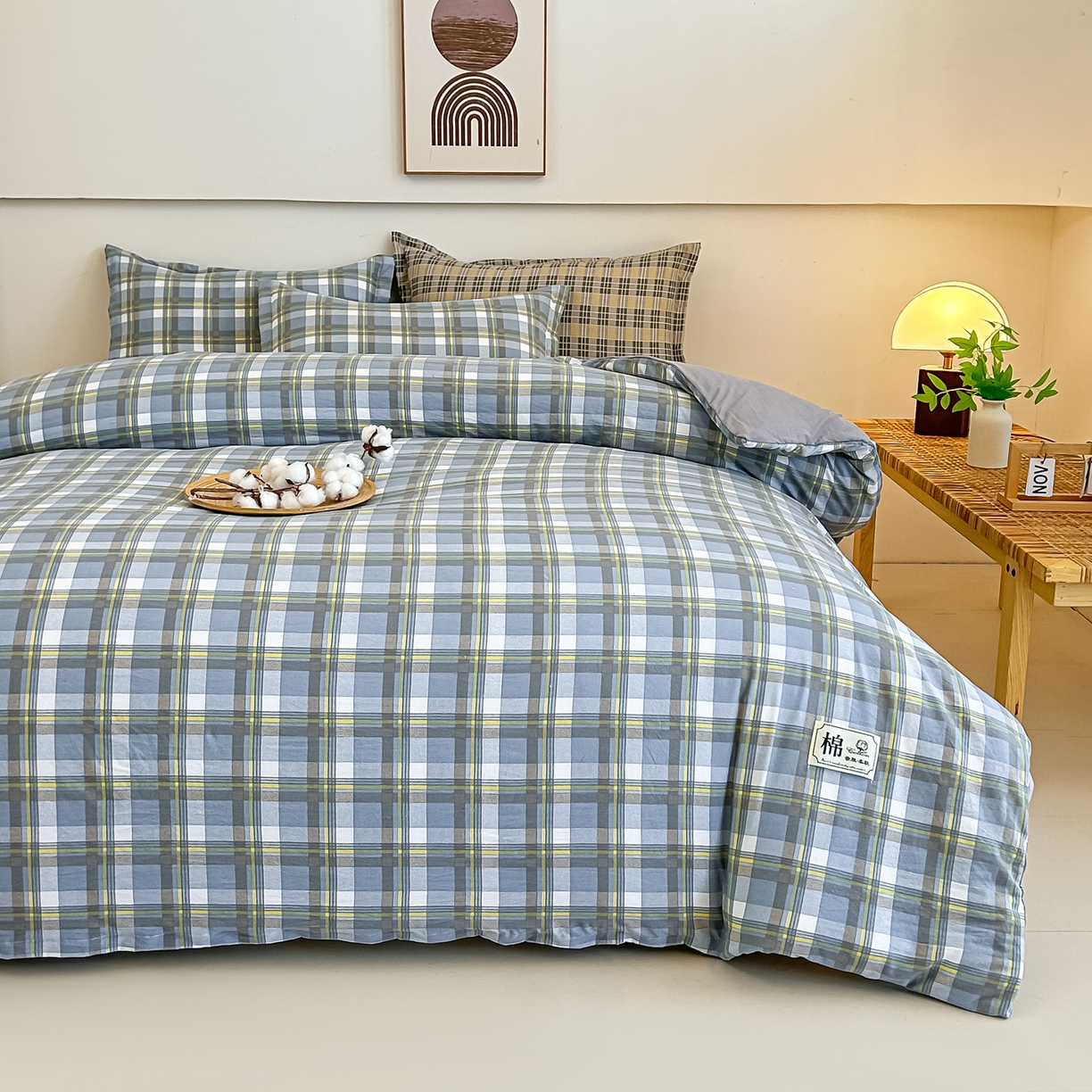 91家纺网 家纺一手货源 找家纺 好欣怡家纺 2026新款A类新疆棉花被可拆洗无印风格子水洗棉棉花被芯冬被学生四季被 博克-蓝灰