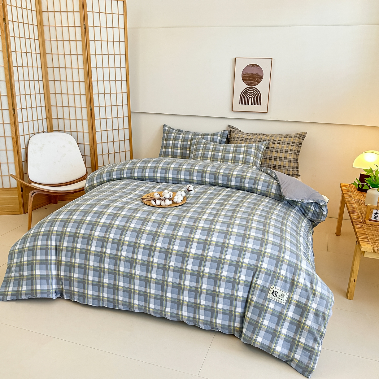 91家纺网 家纺一手货源 找家纺 好欣怡家纺 2026新款A类新疆棉花被可拆洗无印风格子水洗棉棉花被芯冬被学生四季被 博克-蓝灰