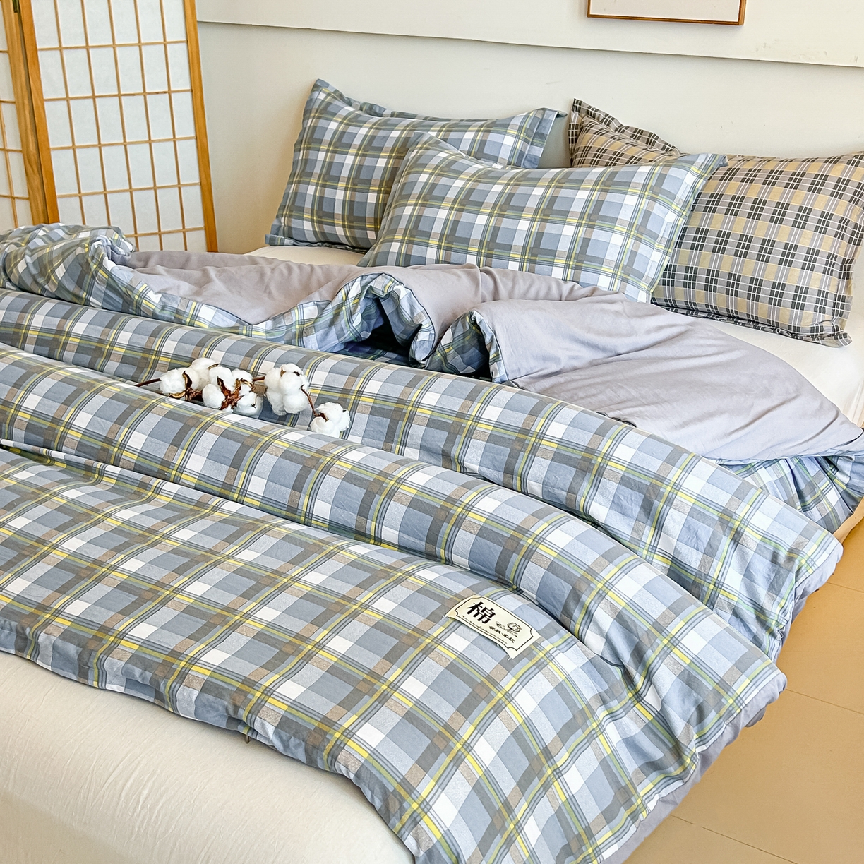 91家纺网 家纺一手货源 找家纺 好欣怡家纺 2026新款A类新疆棉花被可拆洗无印风格子水洗棉棉花被芯冬被学生四季被 博克-蓝灰