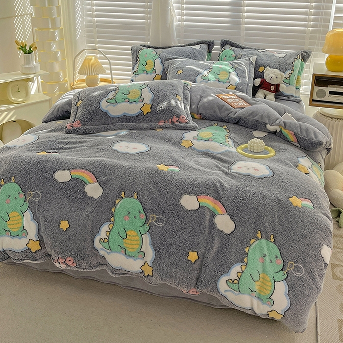 91家纺网 家纺一手货源 找家纺 梵克保罗 2025秋冬新品立体雪花绒单被套牛奶绒法莱绒雕花绒兔毛卡通四件套学生季四件套 小恐龙