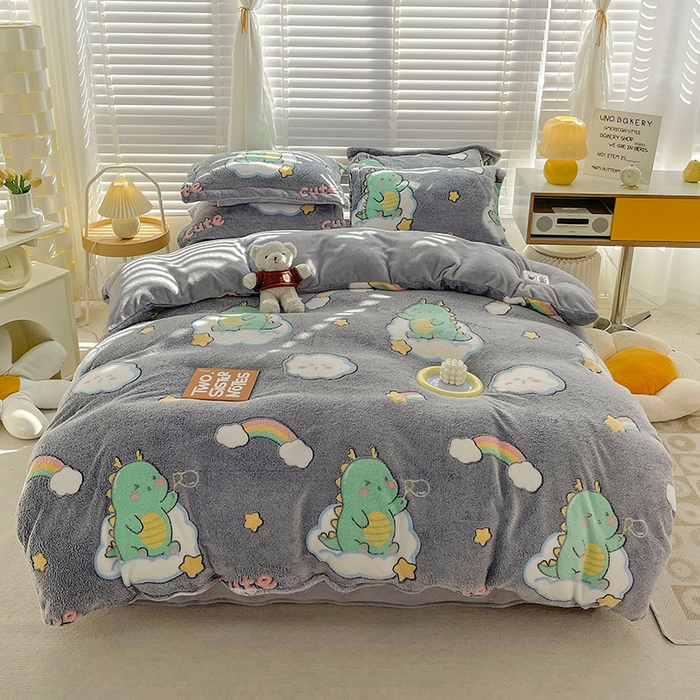 91家纺网 家纺一手货源 找家纺 梵克保罗 2025秋冬新品立体雪花绒单被套牛奶绒法莱绒雕花绒兔毛卡通四件套学生季四件套 小恐龙