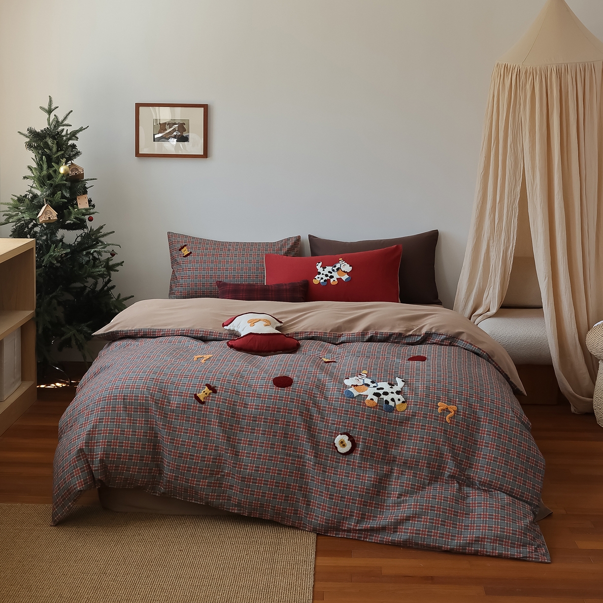 风向标家纺 2025新款全棉50s磨毛数码印花毛巾绣四件套-风格二 多巴胺小花狗