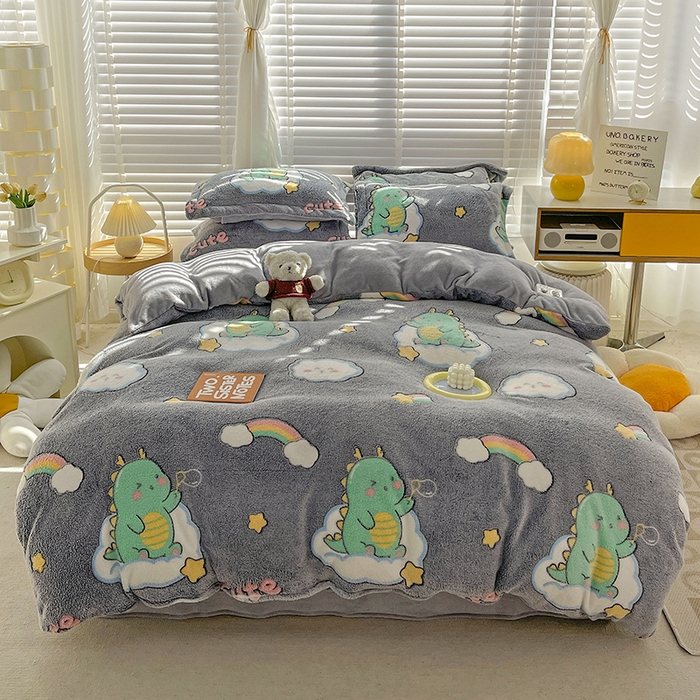 梵克保罗 2025秋冬新品立体雪花绒单被套牛奶绒法莱绒雕花绒兔毛卡通四件套学生季四件套 小恐龙