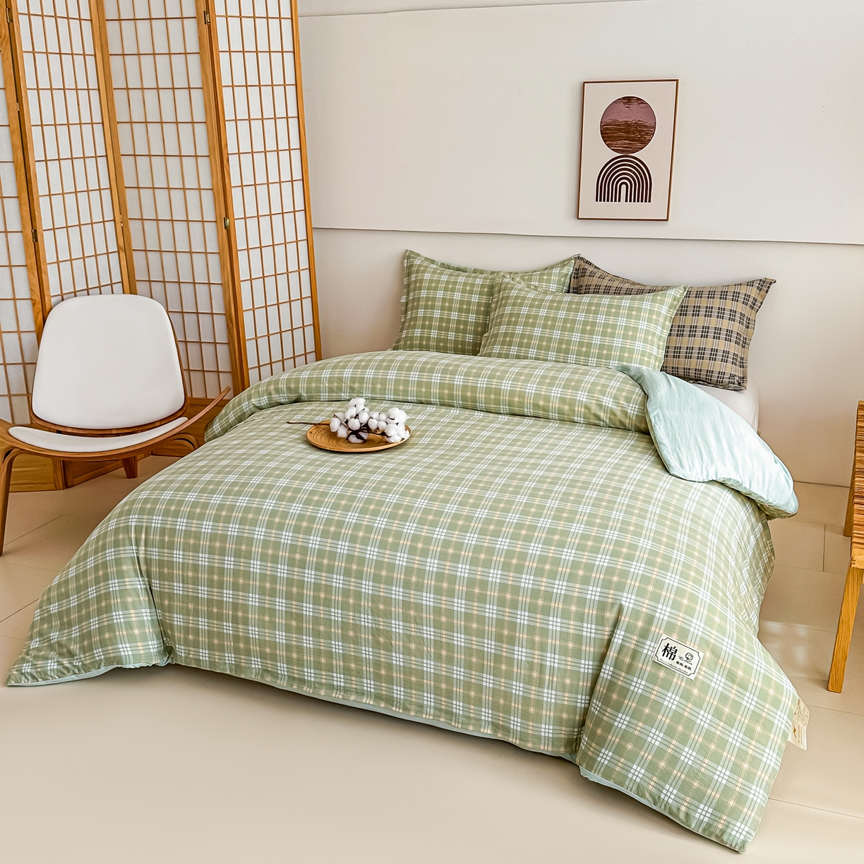 91家纺网 家纺一手货源 找家纺 好欣怡家纺 2026新款A类新疆棉花被可拆洗无印风格子水洗棉棉花被芯冬被学生四季被 抹茶
