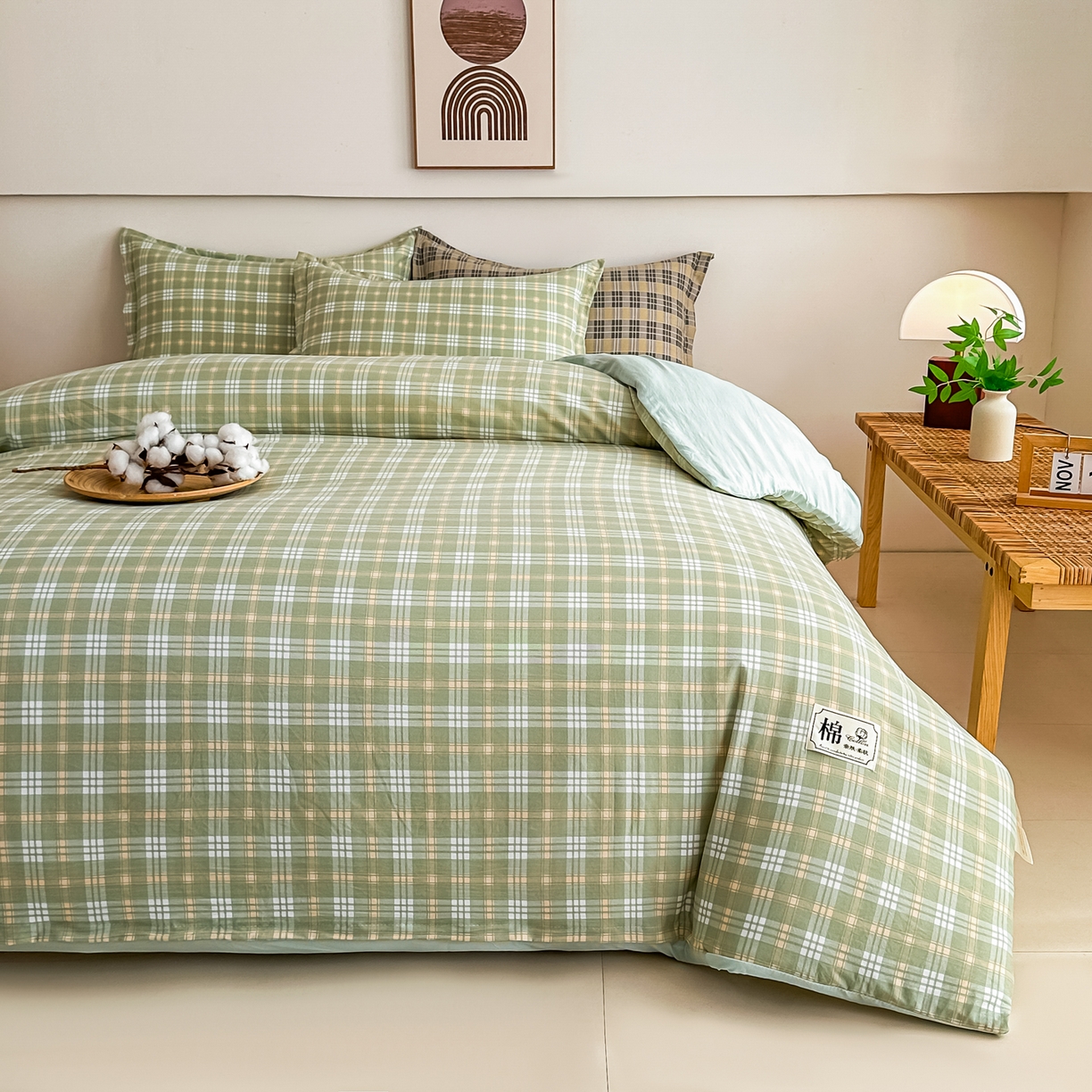 91家纺网 家纺一手货源 找家纺 好欣怡家纺 2026新款A类新疆棉花被可拆洗无印风格子水洗棉棉花被芯冬被学生四季被 抹茶