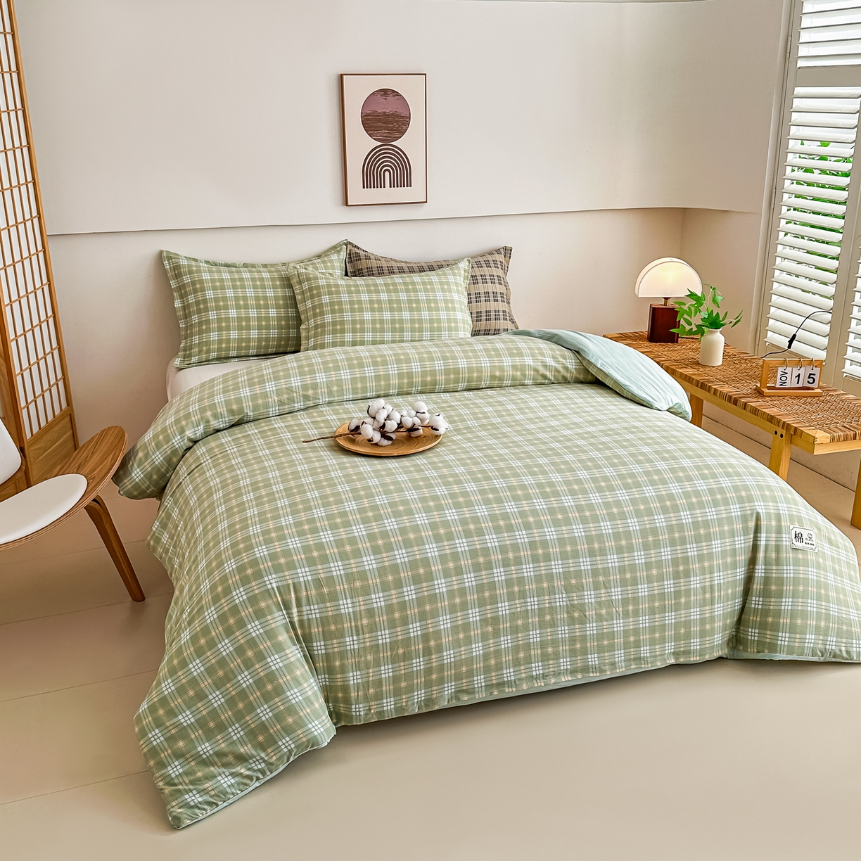 91家纺网 家纺一手货源 找家纺 好欣怡家纺 2026新款A类新疆棉花被可拆洗无印风格子水洗棉棉花被芯冬被学生四季被 抹茶