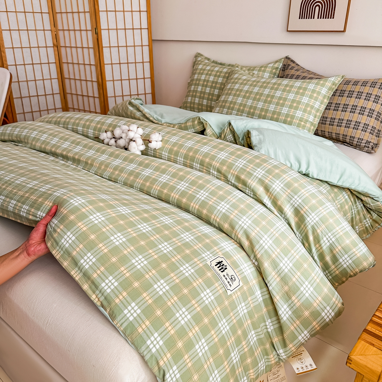 91家纺网 家纺一手货源 找家纺 好欣怡家纺 2026新款A类新疆棉花被可拆洗无印风格子水洗棉棉花被芯冬被学生四季被 抹茶