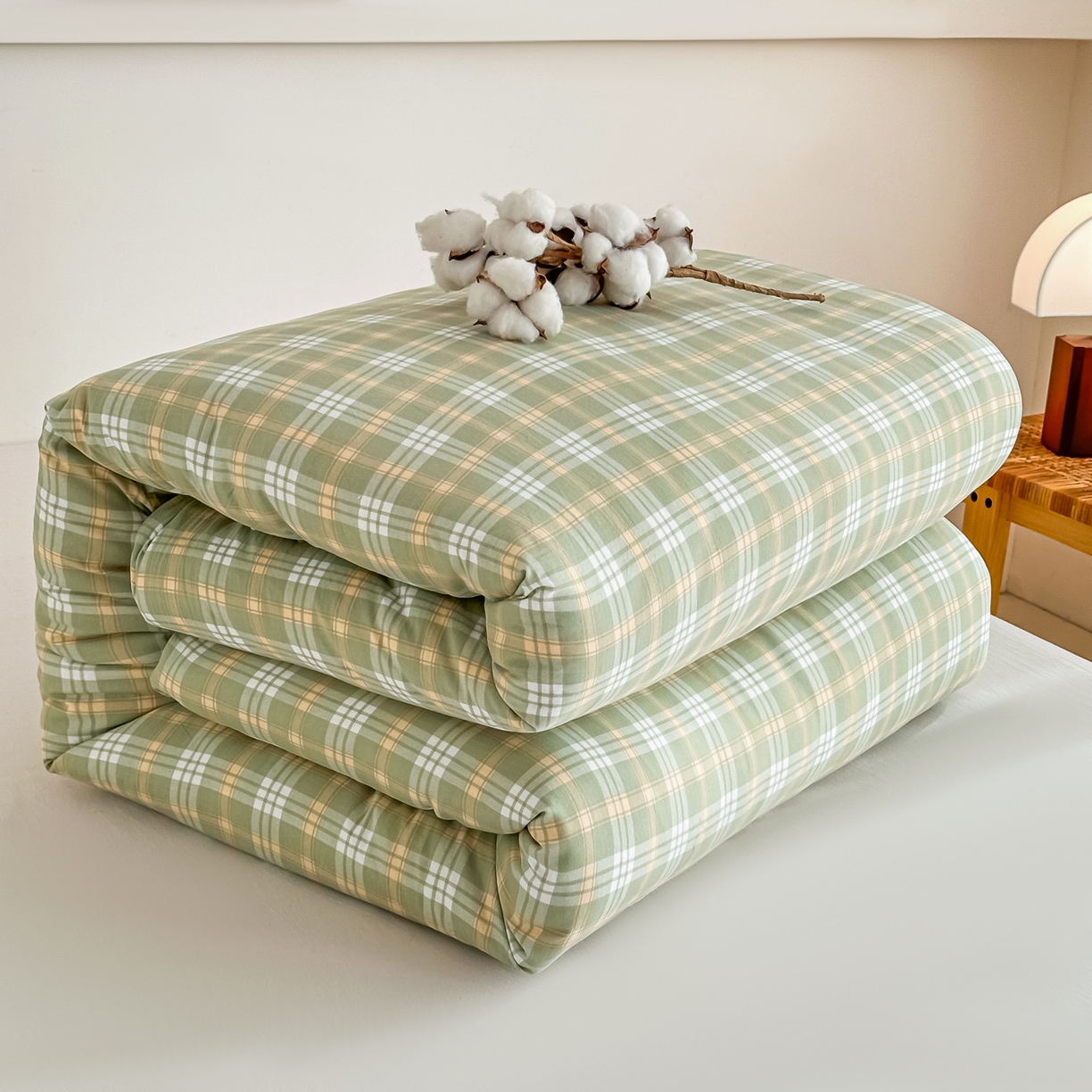 91家纺网 家纺一手货源 找家纺 好欣怡家纺 2026新款A类新疆棉花被可拆洗无印风格子水洗棉棉花被芯冬被学生四季被 抹茶