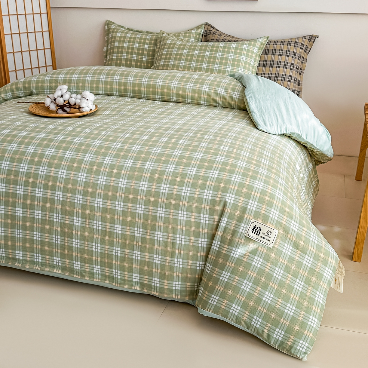91家纺网 家纺一手货源 找家纺 好欣怡家纺 2026新款A类新疆棉花被可拆洗无印风格子水洗棉棉花被芯冬被学生四季被 抹茶